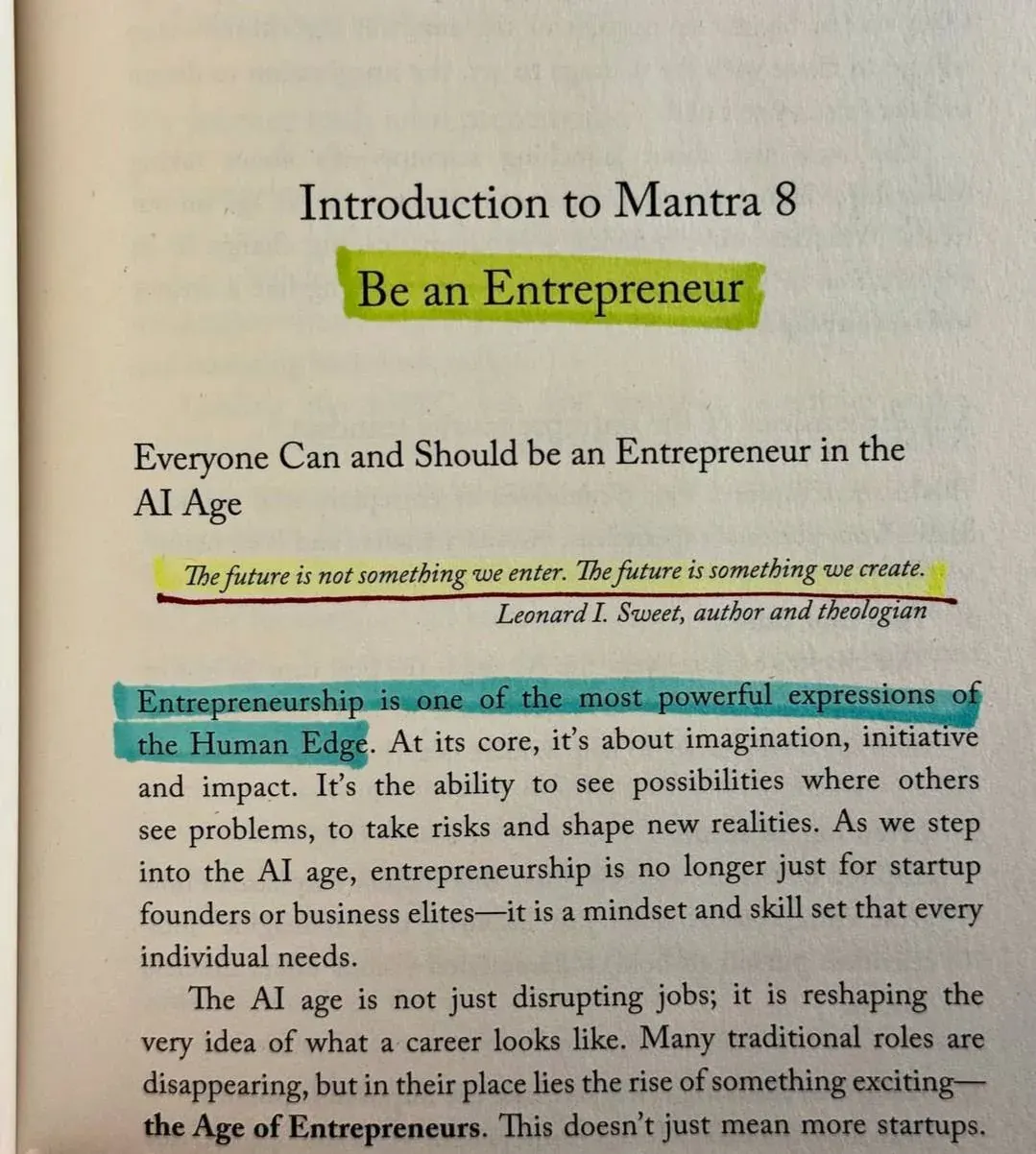Page with text about Mantra 8, encouraging entrepreneurship and adapting careers in the AI age Page with text about Mantra 8, encouraging entrepreneurship and adapting careers in the AI age