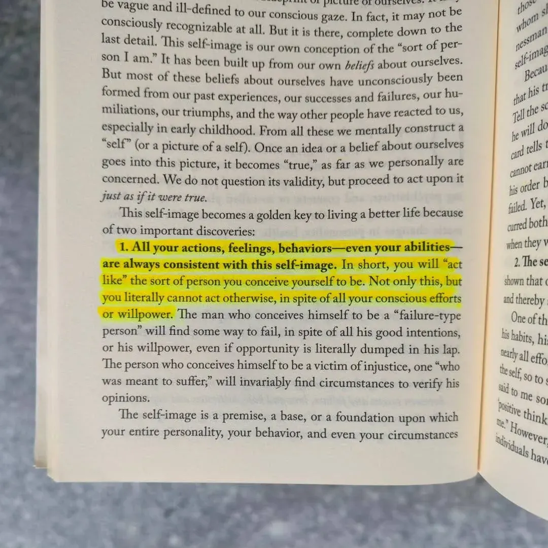 Square photo of an open book page discussing self-image, actions, and beliefs about oneself