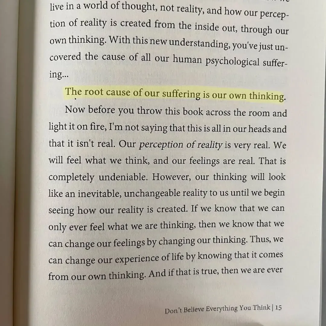 Book page text about how our perception of reality is created from the inside out through our own thinking