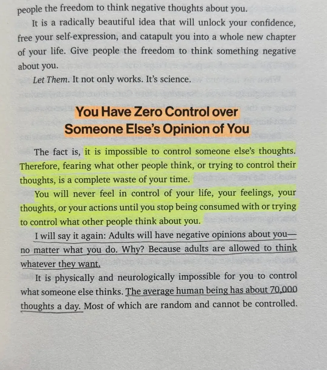 Portrait photo of a book page about giving people freedom to think negative thoughts about you and not controlling others’ opinions
