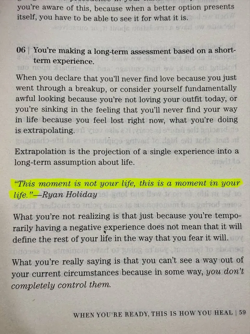 Close-up of a book page about healing and not extrapolating one painful moment into your whole life