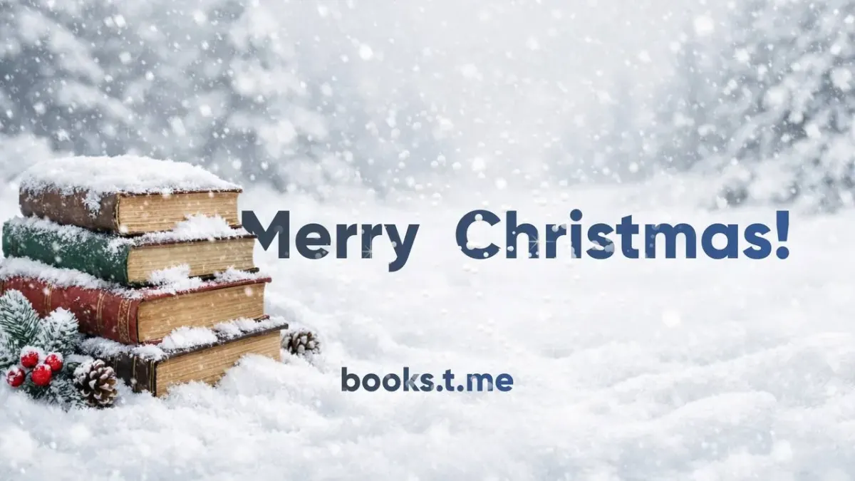 Winter scene with a stack of old books in the snow with Merry Christmas and books.t.me text Winter scene with a stack of old books in the snow with Merry Christmas and books.t.me text