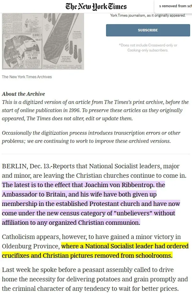 archival New York Times article discussing National Socialist leaders leaving Christian churches in 1930s Germany archival New York Times article discussing National Socialist leaders leaving Christian churches in 1930s Germany