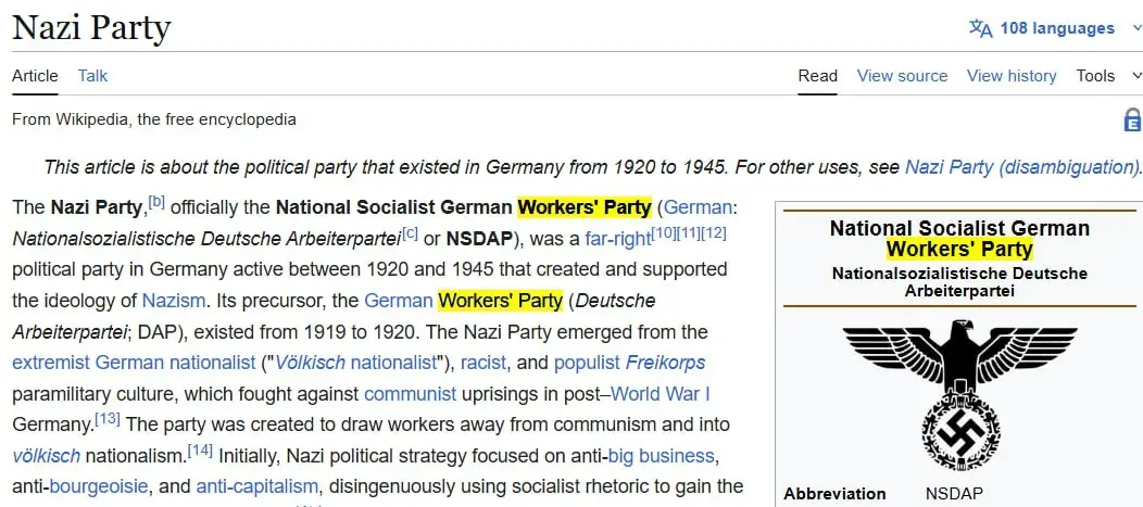 Screenshot of a Wikipedia article about the Nazi Party and National Socialist German Workers’ Party history