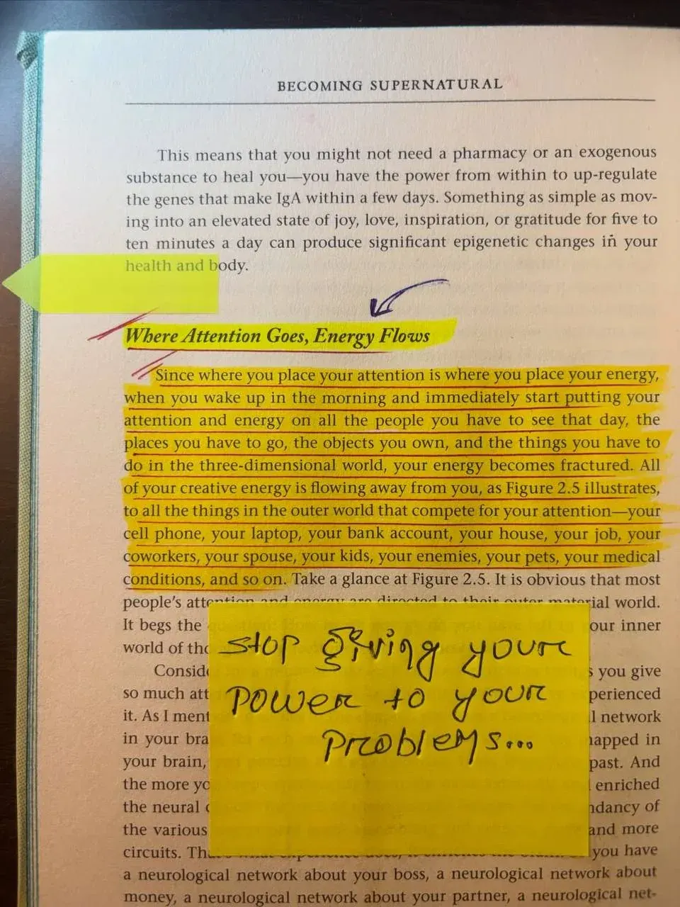Close-up of an open book page discussing attention, energy, and inner emotional states Close-up of an open book page discussing attention, energy, and inner emotional states