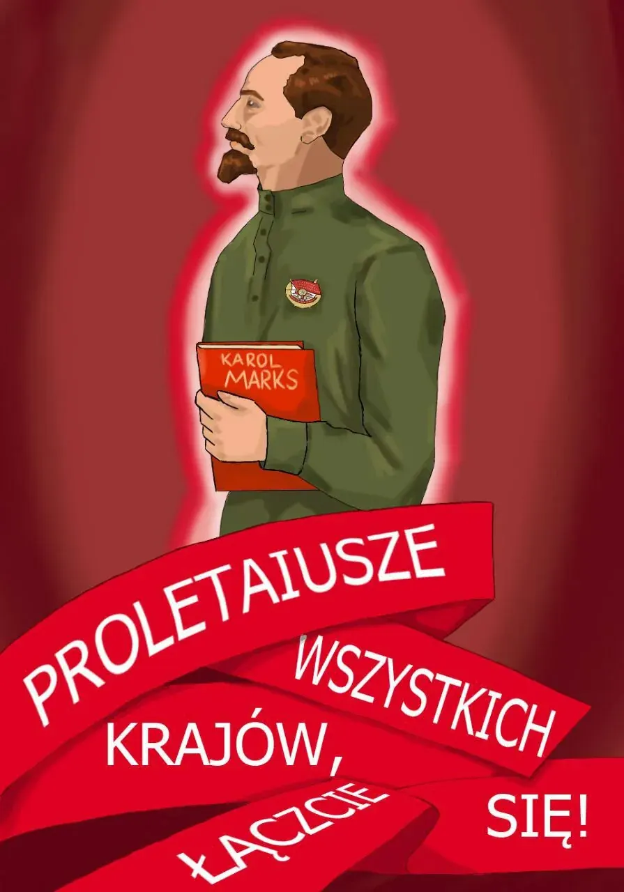 Illustration of a bearded man holding a red book labeled KAROL MARKS, used as artwork for a page about Soviet everyday life
