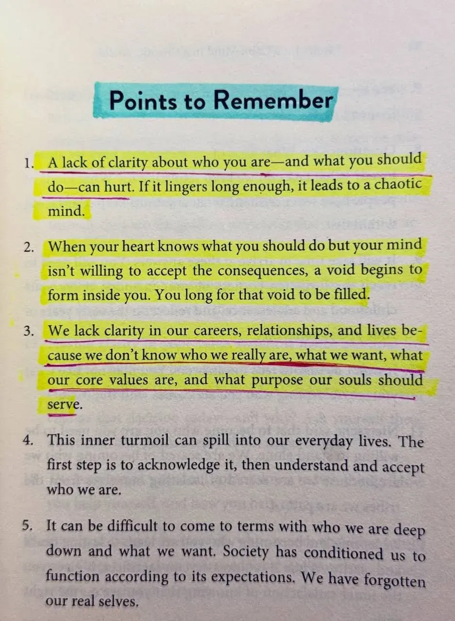 Portrait photo of a page titled Points to Remember with text about clarity, identity, and inner turmoil