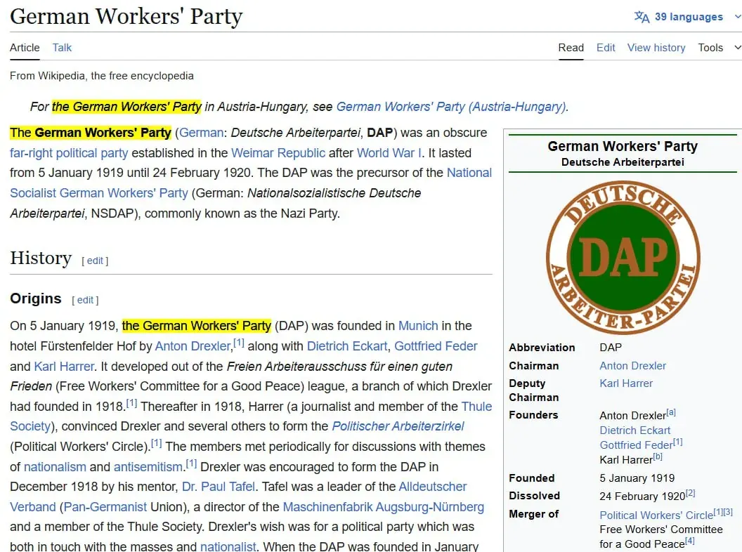 Wikipedia article about the German Workers’ Party shown as a historical document on screen