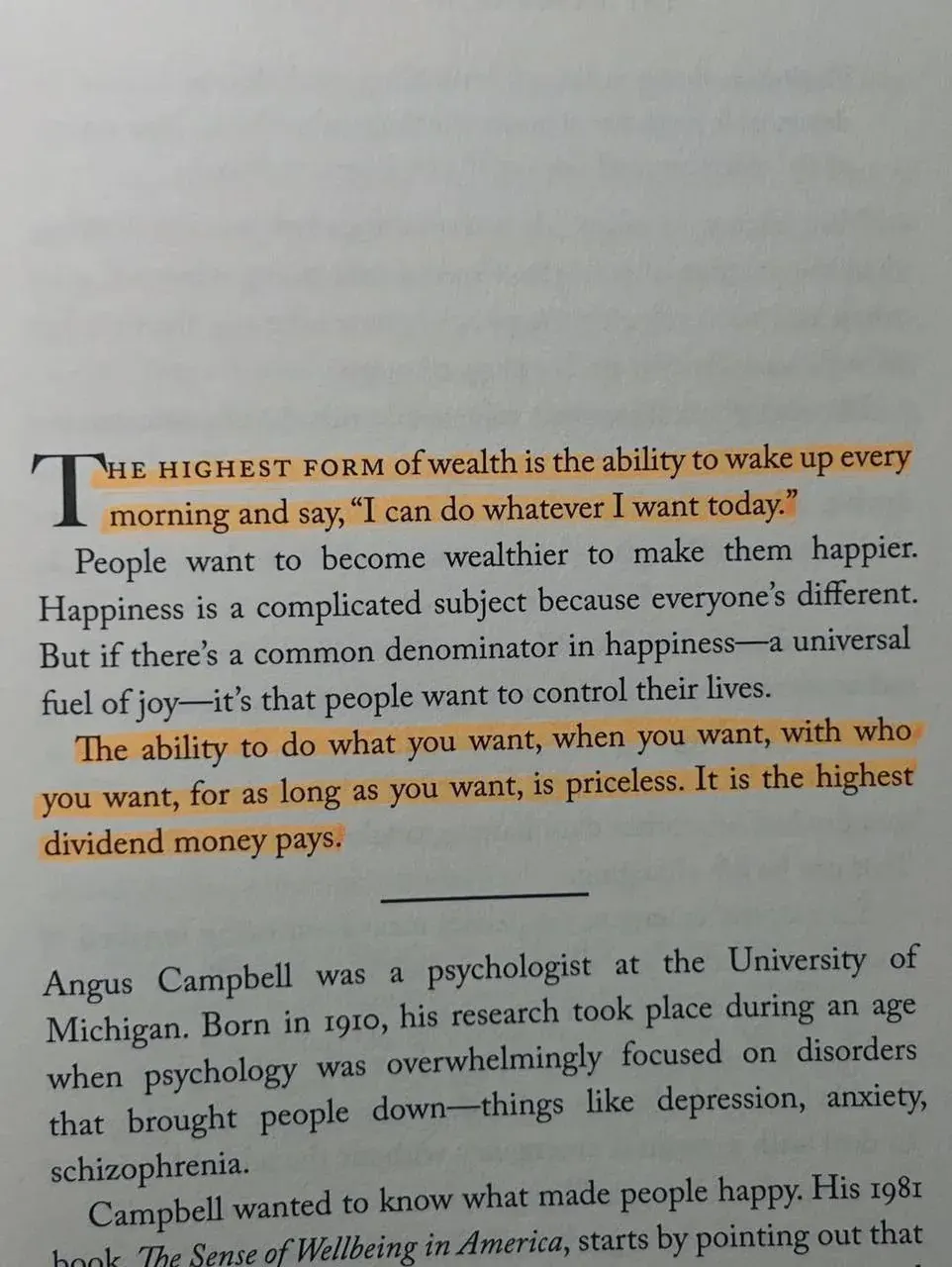 Portrait photo of a page with text about wealth, happiness, and control over one’s life Portrait photo of a page with text about wealth, happiness, and control over one’s life