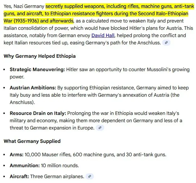 Text excerpt about Nazi Germany arming Ethiopian resistance, used as discussion material on political tradeoffs