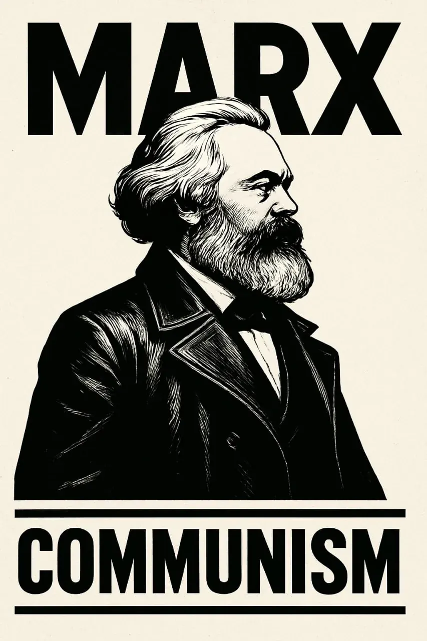 Black-and-white portrait poster of Karl Marx with large text reading MARX and COMMUNISM