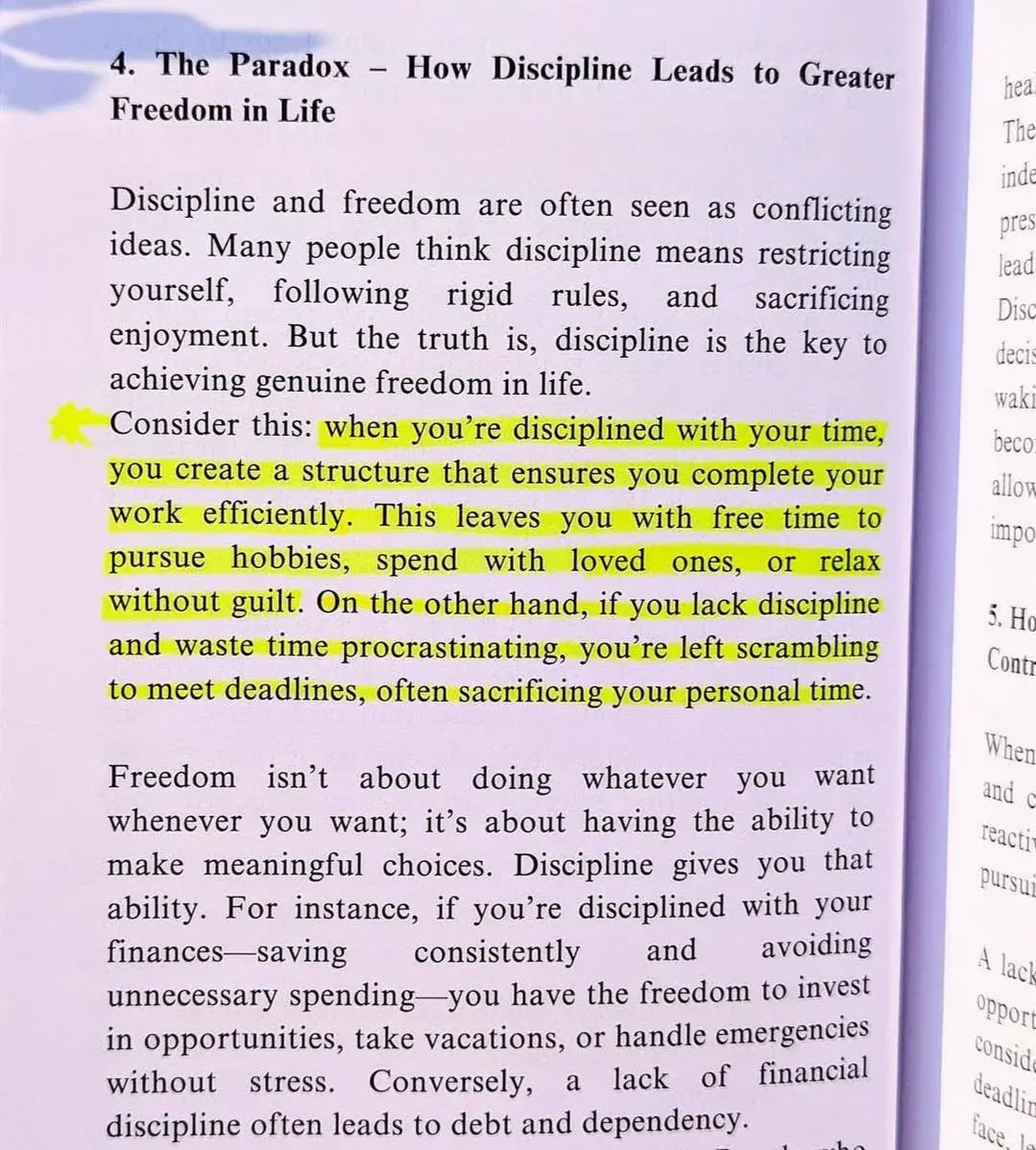 Page from a book discussing how personal discipline can create greater freedom in life