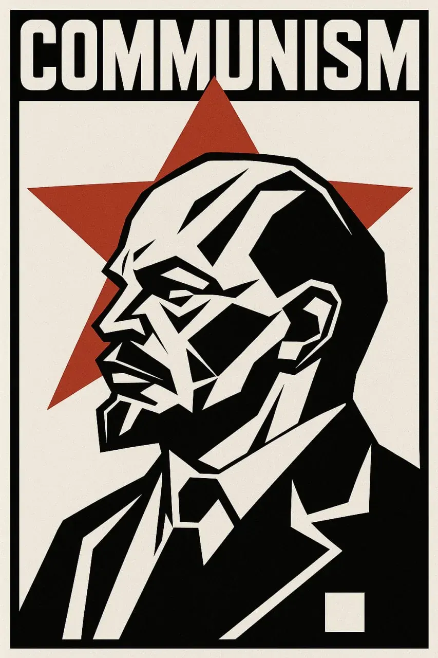 Stylized portrait poster with the word COMMUNISM and a man’s profile, evoking themes of communist ideology and control