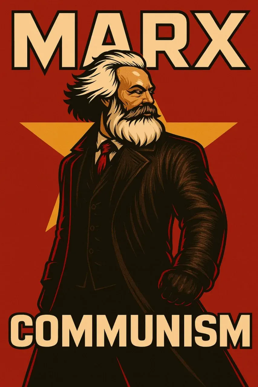 Marxist propaganda-style portrait with MARX and COMMUNISM text for a book about Soviet propaganda Marxist propaganda-style portrait with MARX and COMMUNISM text for a book about Soviet propaganda