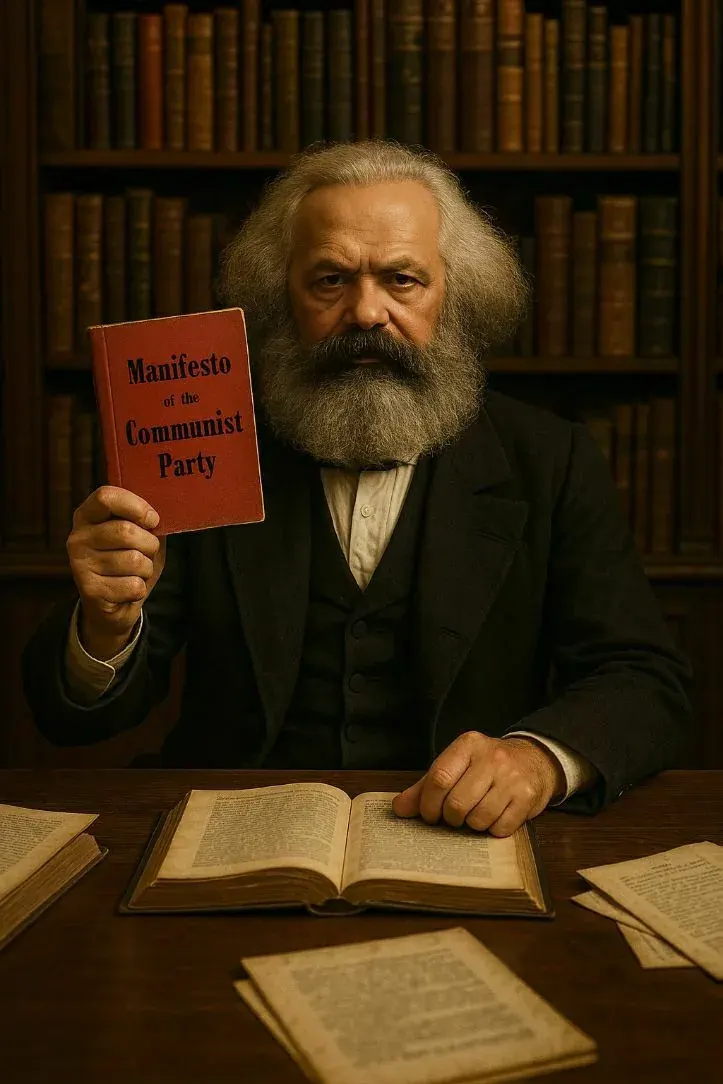 Elderly man reading at a table while holding a red booklet titled Manifesto of the Communist Party Elderly man reading at a table while holding a red booklet titled Manifesto of the Communist Party
