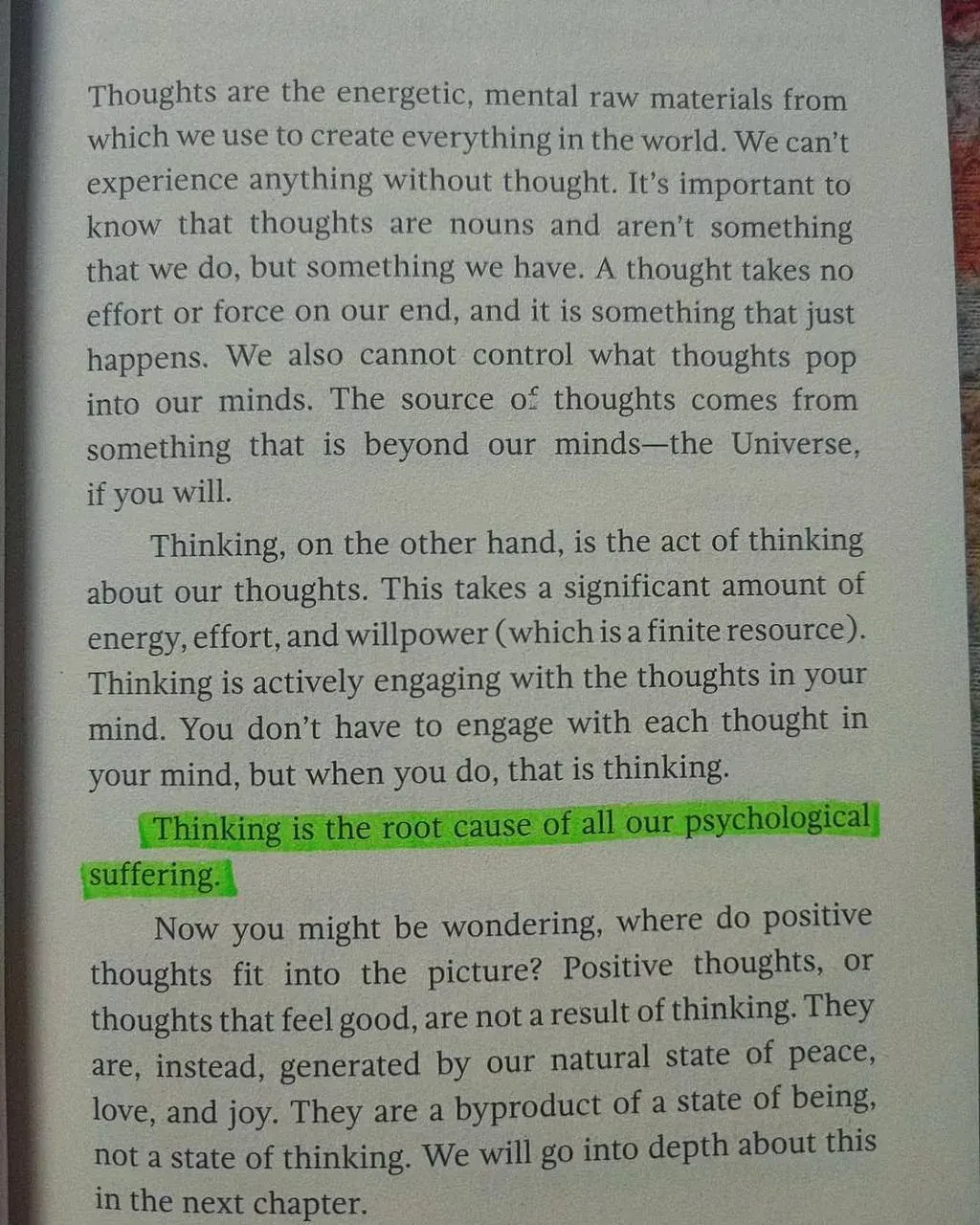 Page from a nonfiction book discussing thoughts, thinking, and psychological suffering as mental processes