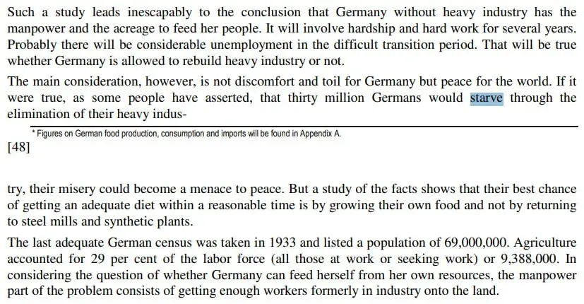 Excerpt from historical text discussing Germany’s postwar food production, labor, and ability to feed its population Excerpt from historical text discussing Germany’s postwar food production, labor, and ability to feed its population