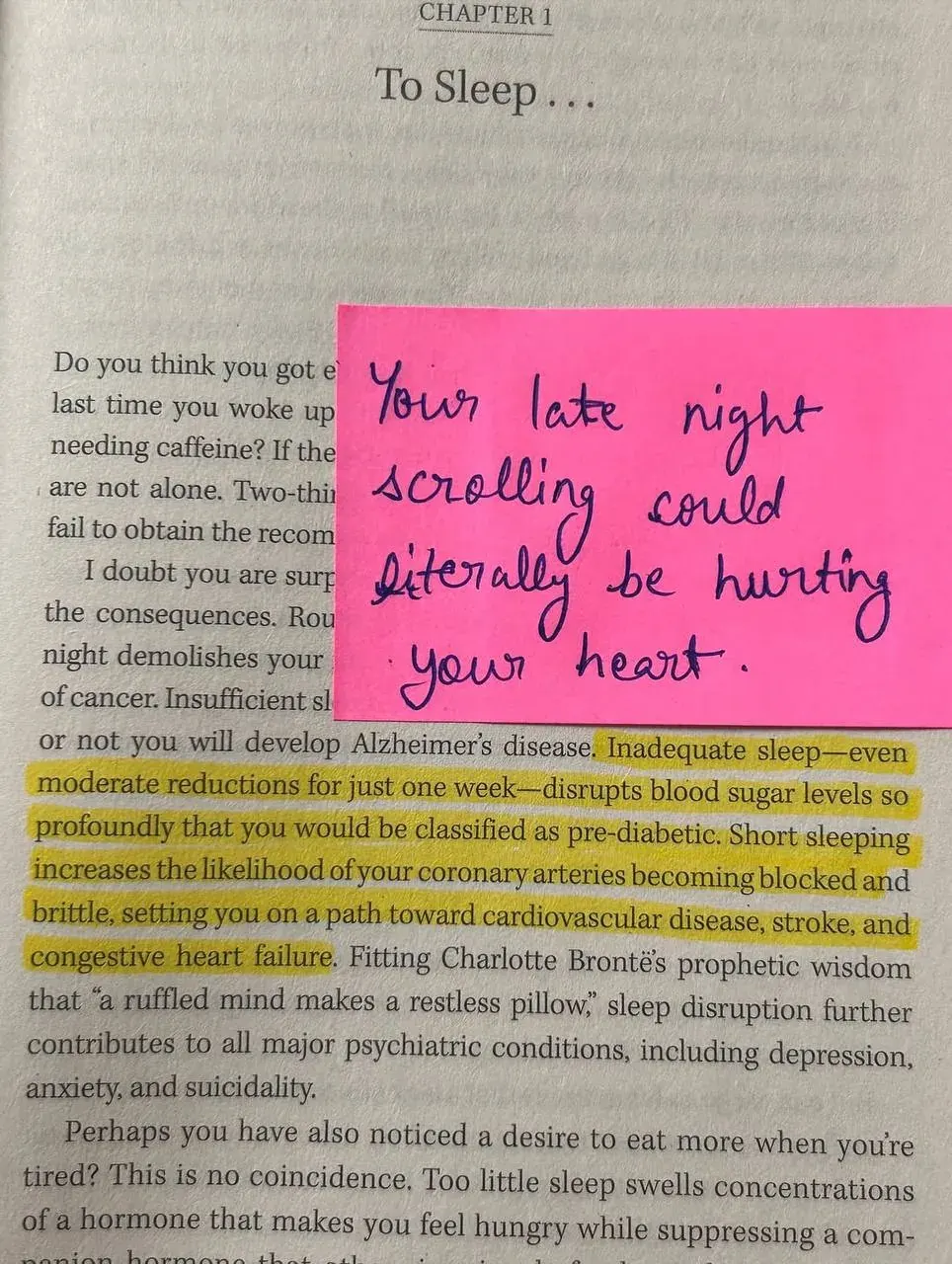 Close-up of an open non-fiction book showing a chapter titled “To Sleep...” about the health effects of insufficient sleep Close-up of an open non-fiction book showing a chapter titled “To Sleep...” about the health effects of insufficient sleep
