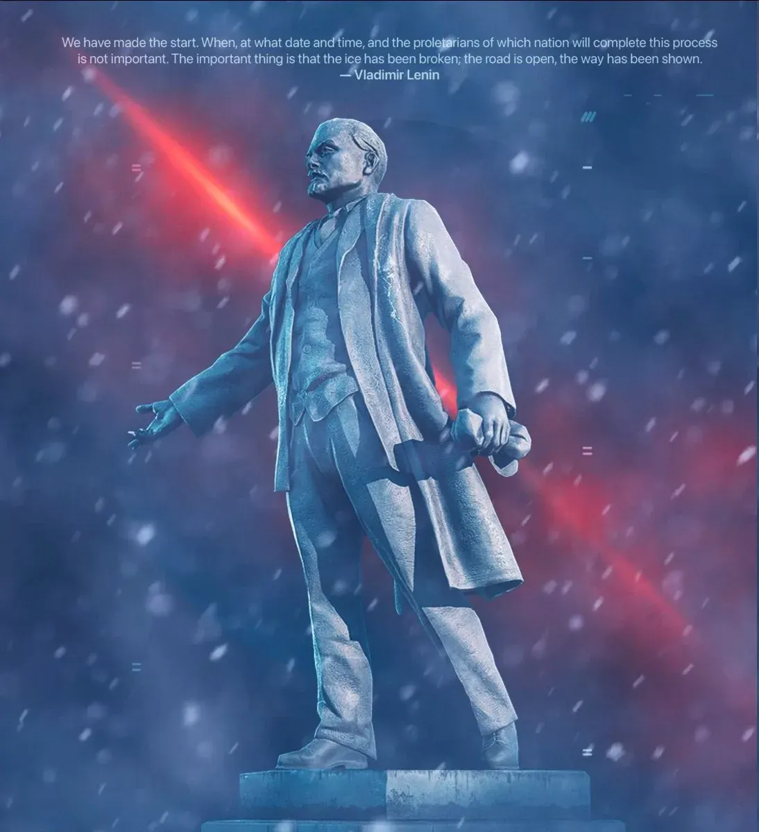 Portrait photo featuring a Vladimir Lenin quote about having made the start and breaking the ice for future proletarian movements Portrait photo featuring a Vladimir Lenin quote about having made the start and breaking the ice for future proletarian movements