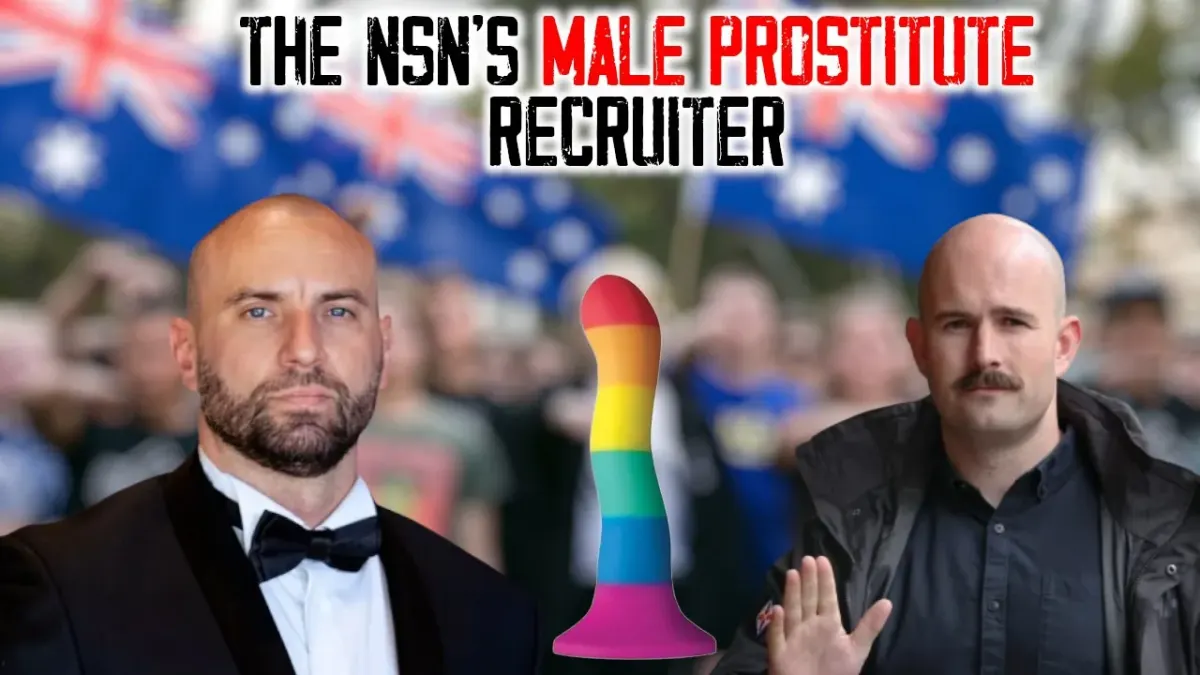 Two men with a rainbow-colored object between them and bold headline about a male prostitute recruiter Two men with a rainbow-colored object between them and bold headline about a male prostitute recruiter