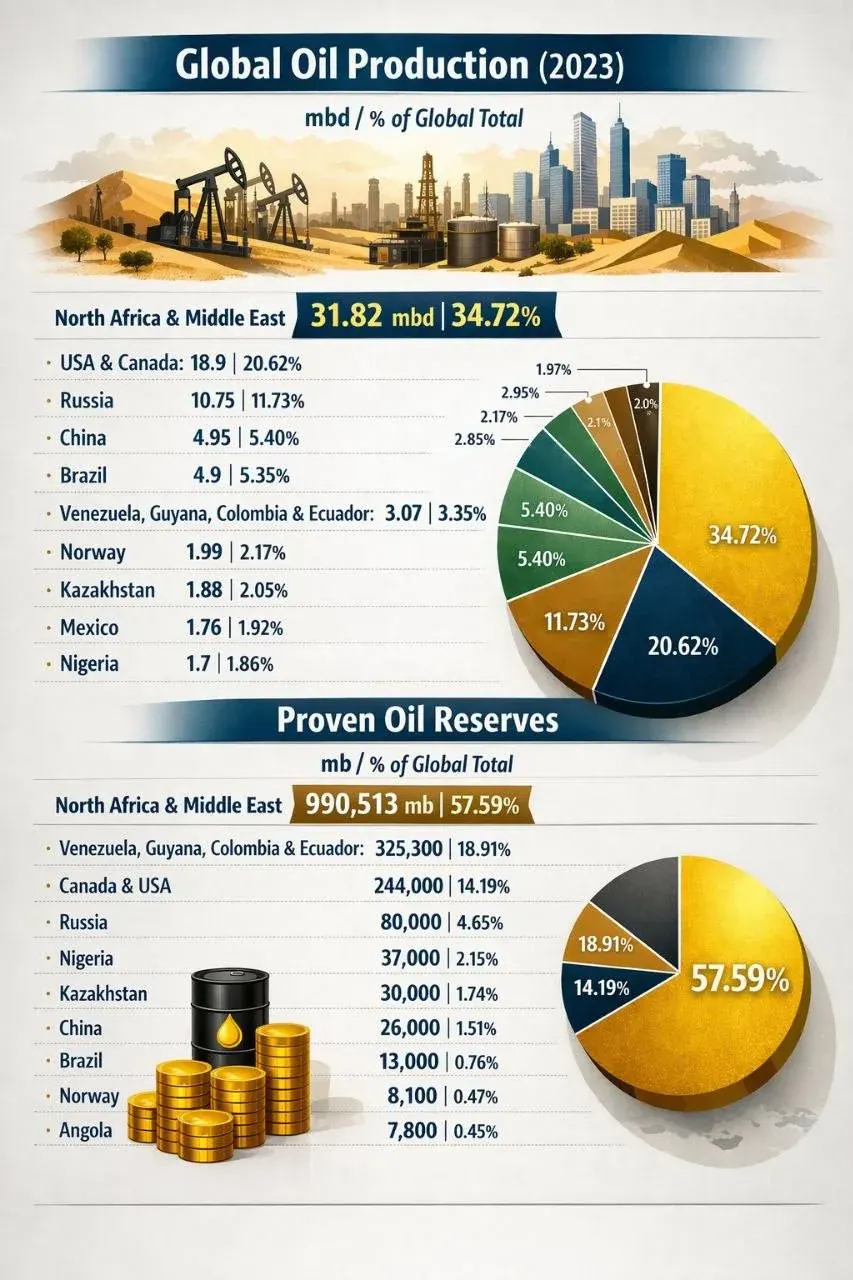 Chart showing 2023 global oil production and proven reserves by region, including Russia, USA and Canada, and Middle East Chart showing 2023 global oil production and proven reserves by region, including Russia, USA and Canada, and Middle East