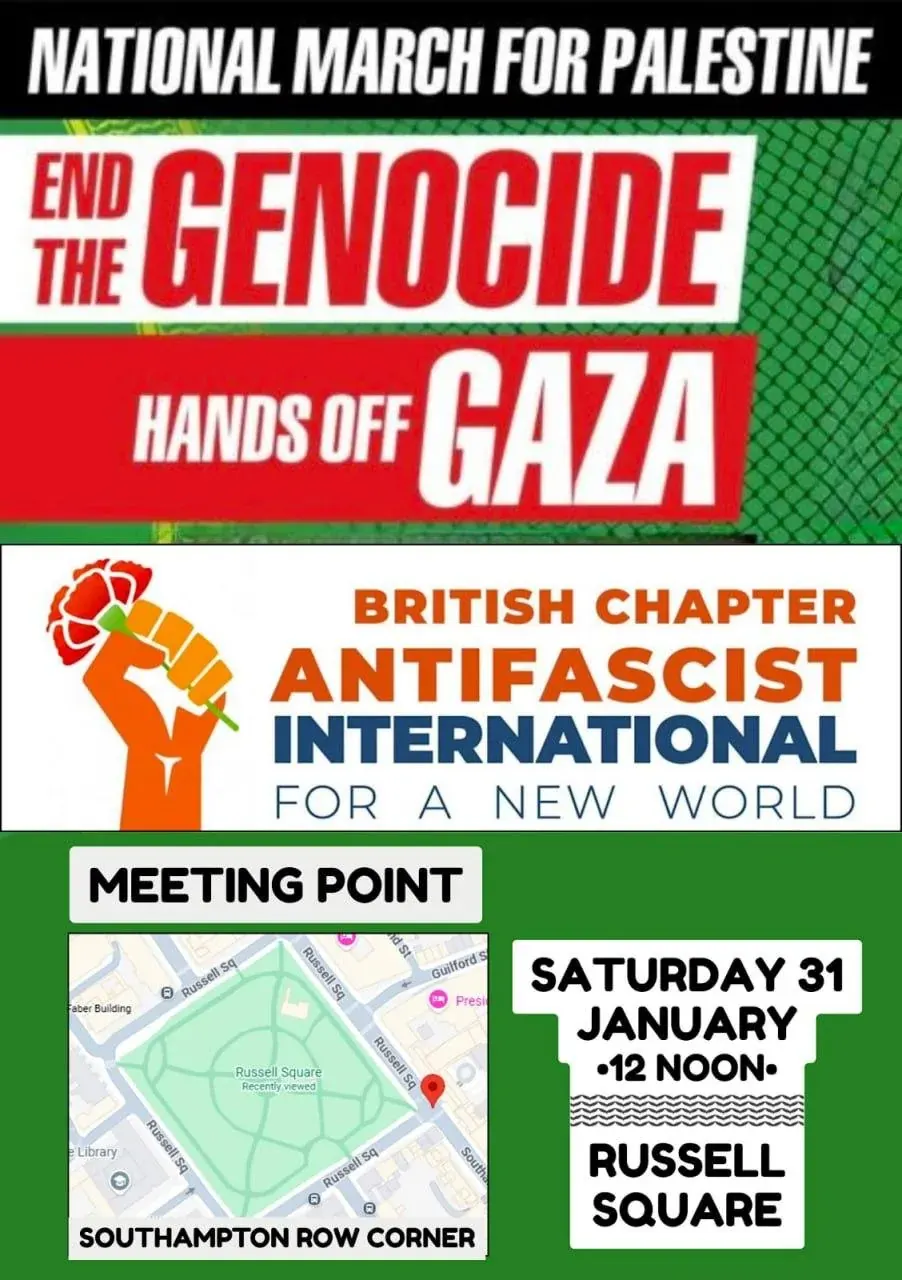 Protest poster for a National March for Palestine with anti-genocide messaging