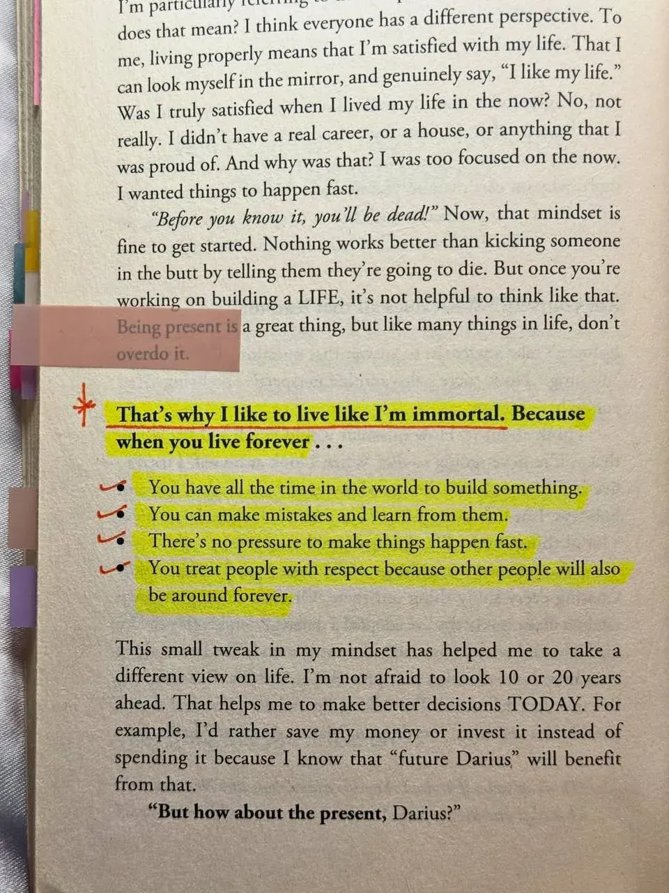 Close-up of English text about living properly, long-term thinking and building a satisfying life
